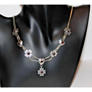 Vintage Sterling Silver Garnet Heart & Cross Necklace 18” +4” Extender 11.9g